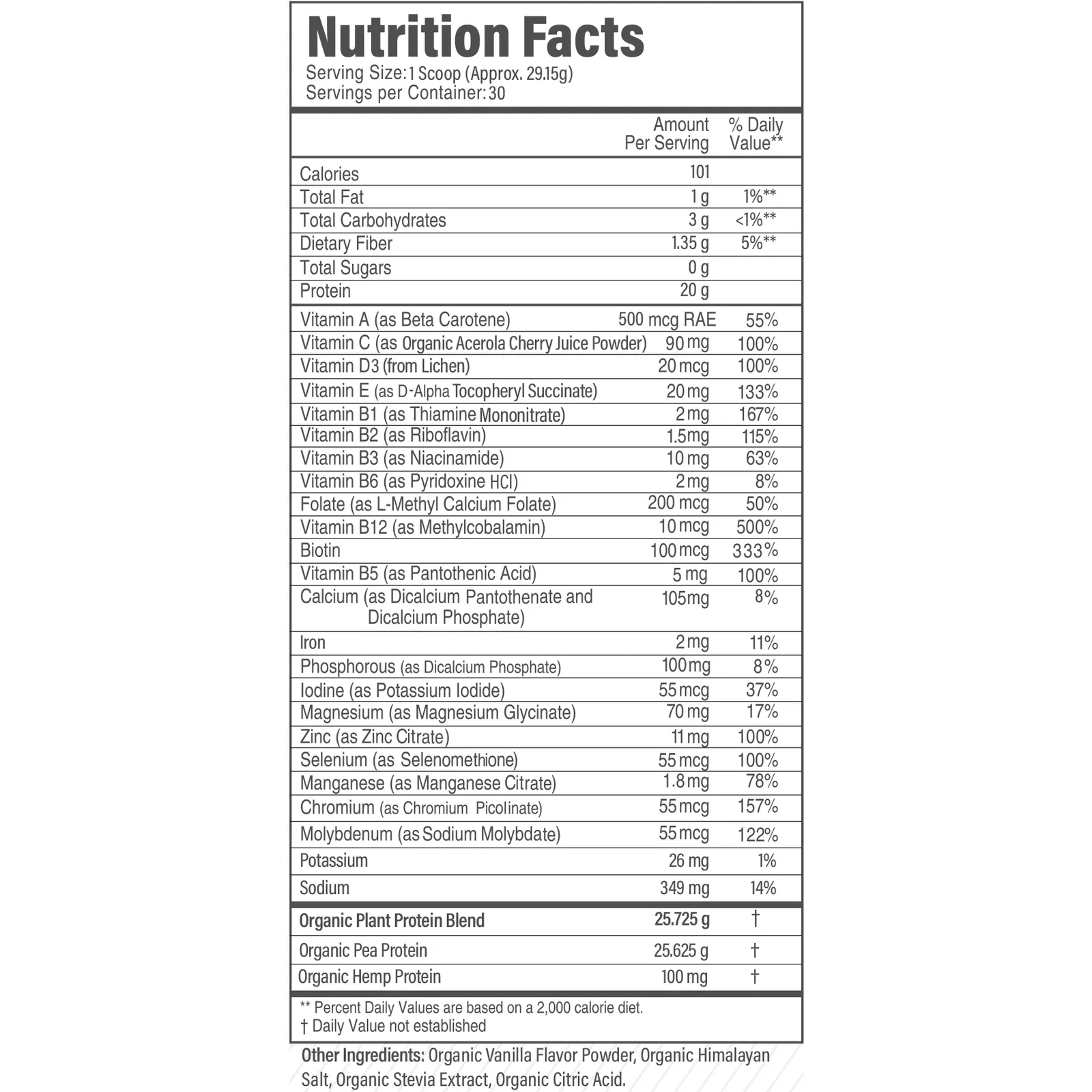 Organic Complete Plant-Based Protein supplement facts