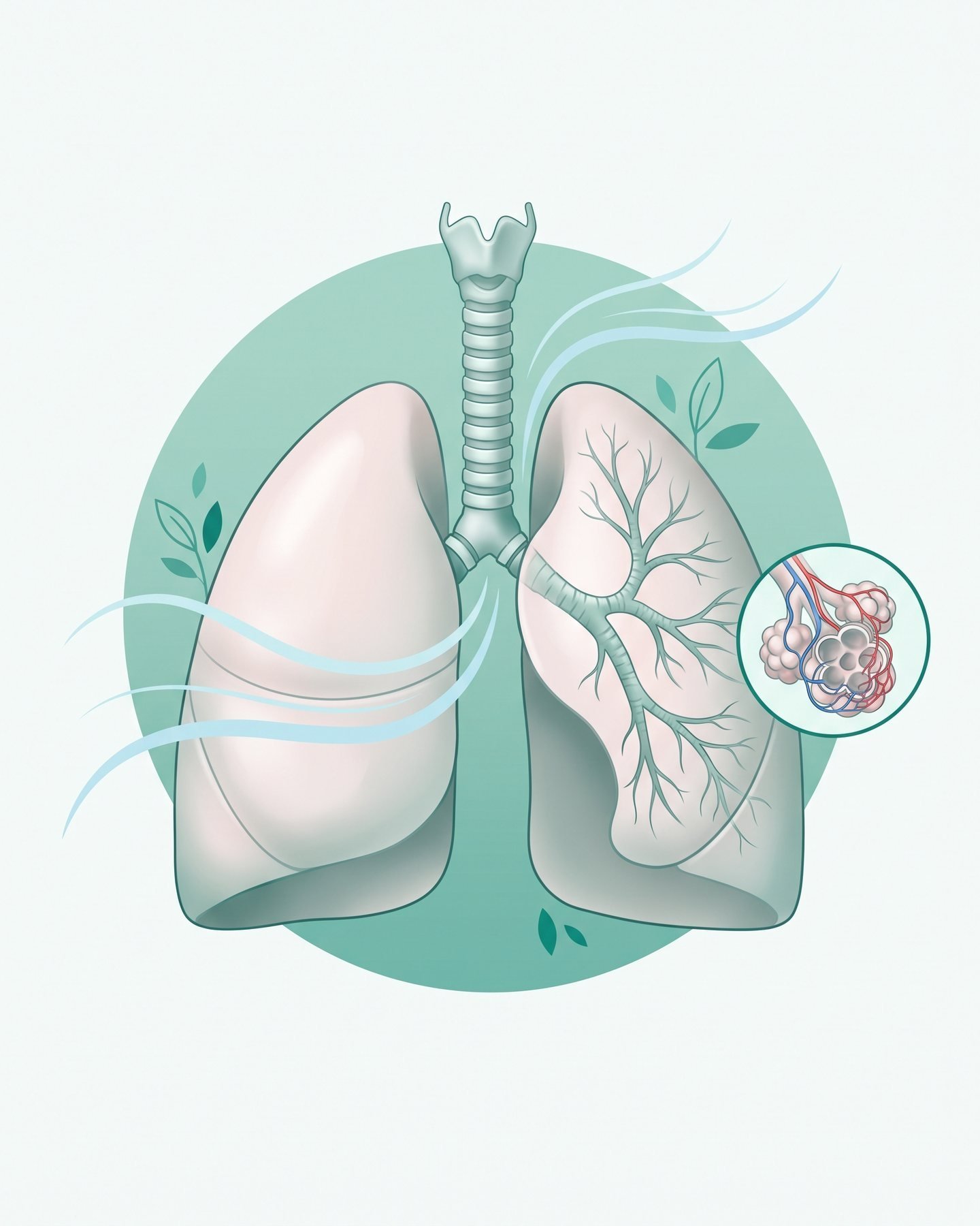 Illustration of the human lungs and windpipe, with the branching airways shown in one lung and a close-up of the tiny air sacs (alveoli)