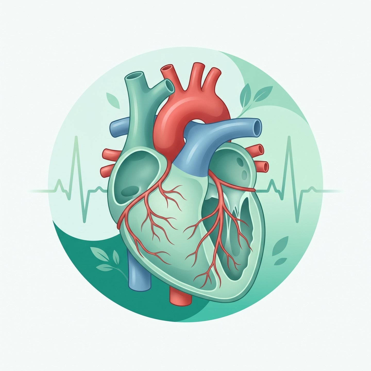Illustration of the human heart with its main blood vessels and coronary arteries, and a cutaway showing the chambers, over a heartbeat line