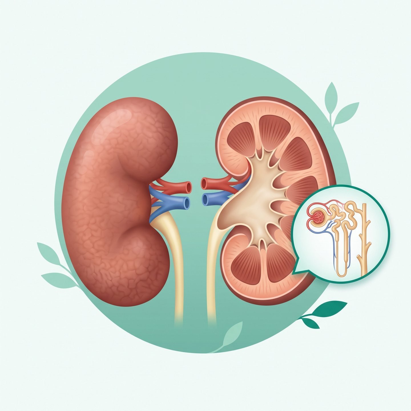Illustration of a pair of human kidneys, one cut open to show the cortex and medulla, with a close-up of a nephron