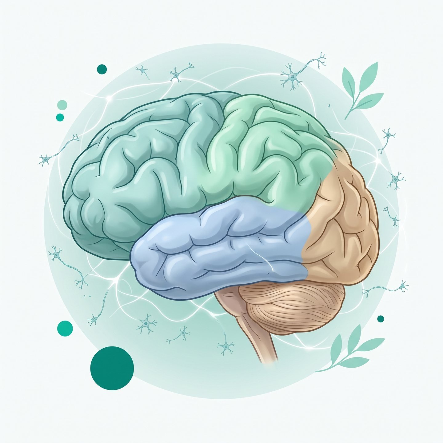 Illustration of the human brain from the side, with each lobe in a different colour, plus the cerebellum and brainstem