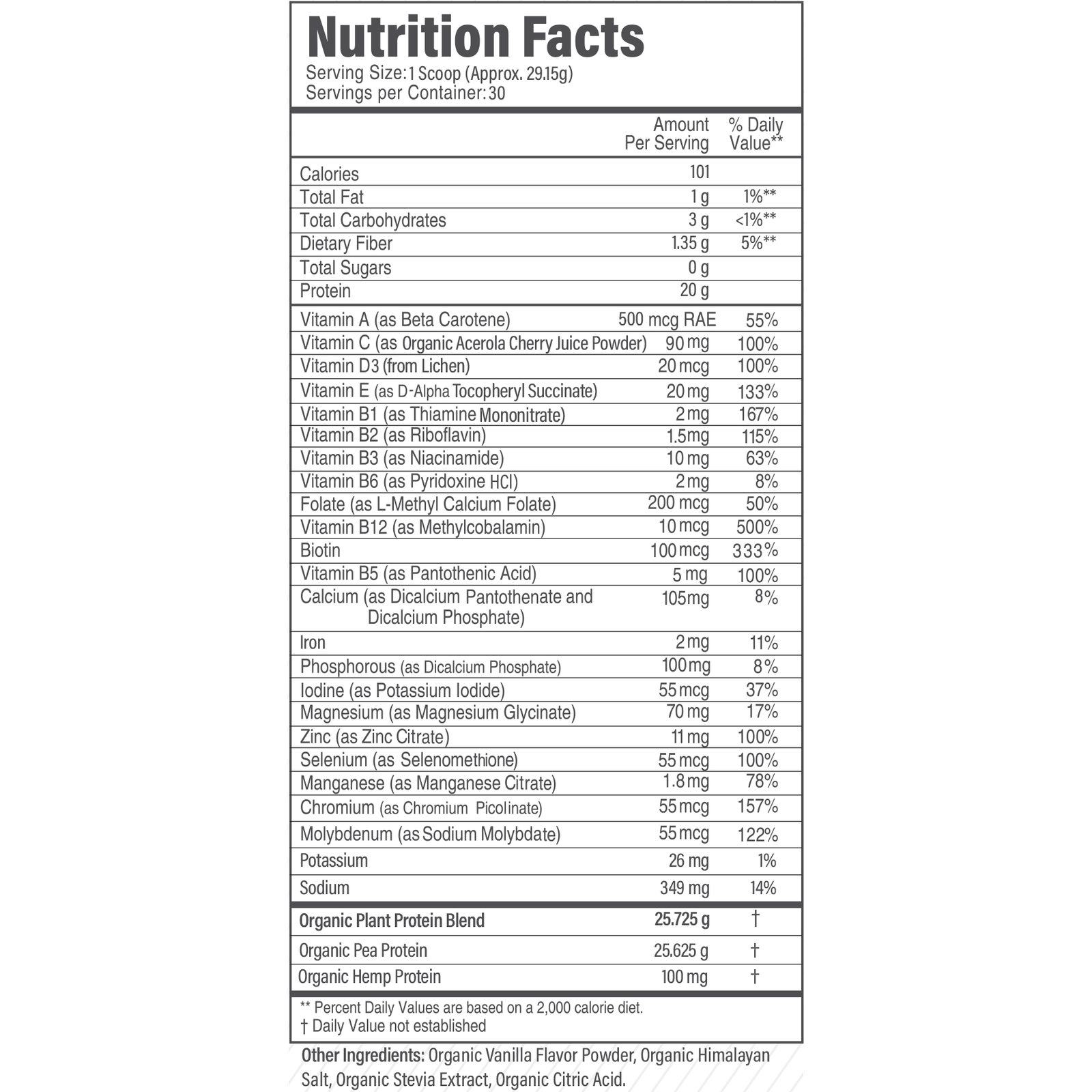 Organic Complete Plant-Based Protein supplement facts