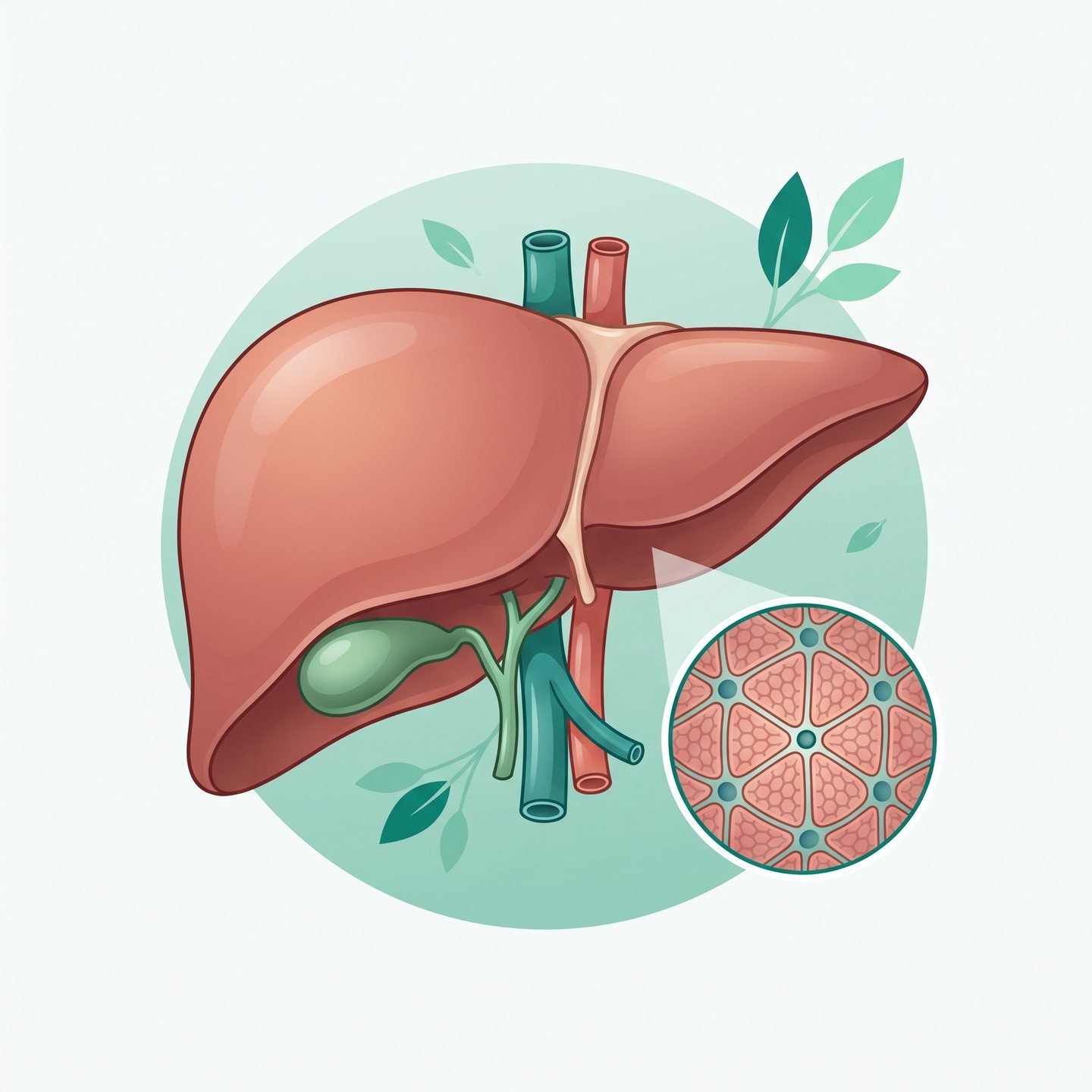 Illustration of the human liver with the gallbladder and main blood vessels, and a close-up of the hexagonal liver lobules